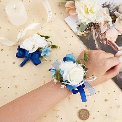 シルク布製手首コサージュ2個  プラスチック製の造花とストレッチブレスレット付き  結婚式のための  パーティーの装飾  マリンブルー  内径：50mm  22mm&nbsp;AJEW-CP0009-44