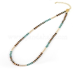 Colorful Natural Apatite & Tiger Eye & Quartz Crystal Rondelle Beaded Necklaces for Summer Beach Style, Golden, 16.54 inch(42cm)