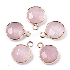 天然石ローズクォーツペンダント  ライトゴールドトーン真鍮エッジ  多面カット  フラットラウンド  18x13.5x6mm  穴：2mm