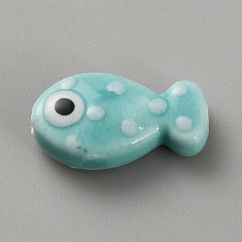 Handmade Porcelain Beads, Hand Painted Ceramic Beads, Fish, Aquamarine, 19.5x11x6.5mm, Hole: 2mm