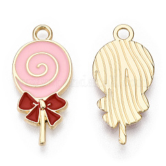 Alloy Enamel Pendants, Light Gold, Lollipop, Pink, 24x11.5x2mm, Hole: 2mm