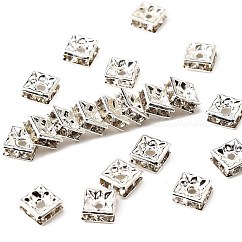Brass Rhinestone Spacer Beads, Grade A, Square, Nickel Free, Silver Color Plated, Crystal, 6x6x3mm, Hole: 1mm