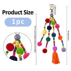 Polyester & Wooden Beads Pompom Ball Tassel Pendants Decorations&nbsp;HJEW-WH0071-52