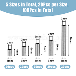 100個5スタイル304ステンレススチールチューブビーズ  ステンレス鋼色  4~20x3mm  穴：2mm  20個/スタイル&nbsp;STAS-DC0015-56