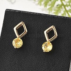 菱形とフラットラウンドい真鍮のマイクロパヴェキュービックジルコニアスタッドピアス（女性用）  カドミウムフリー＆鉛フリー  長持ちメッキ  ラックめっき  ゴールドカラー  きいろ  13.5x7mm&nbsp;EJEW-G428-20G-01