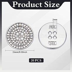 20穴合金ボタン4個  クリスタルラインストーン付き  フラットラウンド  プラチナ  15x2.5mm  穴：1.2mm&nbsp;BUTT-MA0001-09B