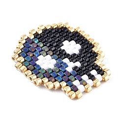 手作りシードビーズペンダント  弾性糸で  織機模様  スカル  ブラック  23x20x1.5mm&nbsp;SEED-I012-46B