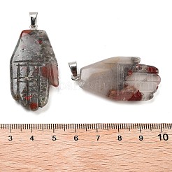 天然アフリカ産ブラッドストーン彫刻ペンダント  プラチナトーンのメタルスナップオンベイル付きハンドチャーム  44x23x5mm  穴：7x4mm&nbsp;G-K369-01P-08