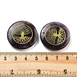天然アメジストの彫刻ペンダント  フラット ラウンド ツリー オブ ライフ チャーム付き  30x7mm  穴：1.8mm&nbsp;G-H007-06B