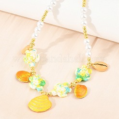 Ocean Brass Enamel Starfish Shell Shape Pendant Round ABS Imitation Pearl Beaded Necklaces&nbsp;KK-CBA4547-04A-G