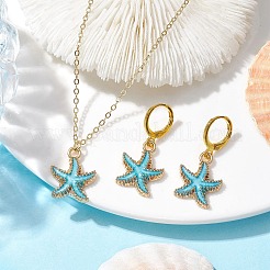 ヒトデのエナメルフレンチフックピアスとペンダントネックレスのセット  女性用真鍮・合金ジュエリー  ディープスカイブルー  31.5x15mm&nbsp;SJEW-JS01297
