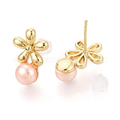 Flower Brass Natural Pearl Stud Earrings&nbsp;PEAR-N017-07E