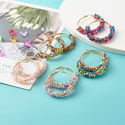 女の子の女性のためのガラスシードビーズフープピアス  304ステンレススチール製イヤリングワイヤー付き  ゴールドカラー  ミックスカラー  49x8mm  ピン：1mm&nbsp;EJEW-JE04614
