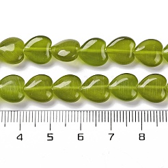 ガラスビーズ連売り  模造キャットアイ  ハート  オリーブドラブ  9.5~10x9.5x4.5~5mm  穴：0.7mm  約40個/連  14.65~14.76''（37.2~37.5センチメートル）&nbsp;GLAA-A017-01I