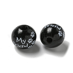 プリントウッドヨーロピアンビーズ  単語模様で丸める  ブラック  15.5~16mm  穴：4~4.5mm&nbsp;WOOD-G022-20F