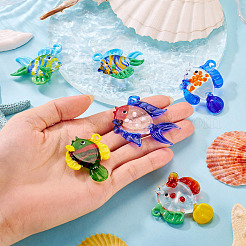 6個6スタイル手作りランプワークペンダント  魚のチャーム  ミックスカラー  34~42x35~51x11~21mm  穴：2~5mm  1個/スタイル&nbsp;LAMP-TA0002-46