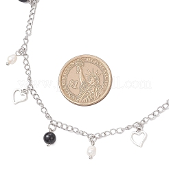 Natural Black Agate(Dyed & Heated) & Natural Pearl & 304 Stainless Steel Heart Tassel Curb Chain Necklaces&nbsp;NJEW-JN05342