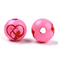スプレープリントウッドビーズ  印刷されたビーズ  ラウンド  ショッキングピンク  15~16x14~15mm  穴：3~4mm&nbsp;WOOD-N015-01-05