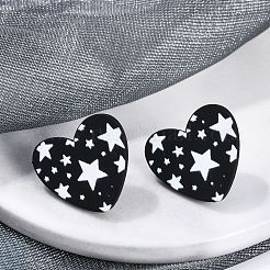 女性用ハートアクリルプリントスタッドピアス  304ステンレスピン付き  ブラック  18.5x20.5mm&nbsp;EJEW-G418-01B