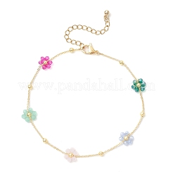Brass & Glass Beaded Flower Link Chains Anklets&nbsp;AJEW-AN00730