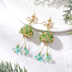 クリスマスベル、真鍮ガラス、ダングルスタッドピアス  ガラスパールビーズとキュービックジルコニア付き  ゴールドカラー  緑黄  54~56x19mm&nbsp;EJEW-MZ00612-01