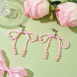 Glass Seed & Imitation Pearl Bowknot Dangle Stud Earrings&nbsp;EJEW-MZ00124