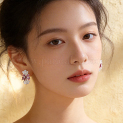 真鍮製 マイクロパヴェ キュービックジルコニア スタッドピアス 女性用  花  銀  パールピンク  25mm&nbsp;FS-WG79412-01
