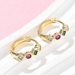 Rhombus with Round Brass Micro Pave Colorful Cubic Zirconia Hoop Earrings&nbsp;EJEW-Z102-35G