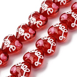ガラスエナメルビーズ  手描きのビーズ  単語「love」付けのハート  ホワイト  13.5~14x14x8.5mm  穴：1.2mm&nbsp;GLAA-Q125-01B