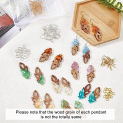 DIY リーフダングルイヤリング作成キット  18個入り9色レジン＆ウォールナットウッドペンダント  40個2色真鍮ピアスフックと40個2色丸カン  ミックスカラー  ペンダント：37.5x15.5x3mm  穴：2mm  2個/カラー&nbsp;DIY-OC0006-29