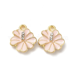 合金エナメルチャーム  クリスタルラインストーン付き  カドミウムフリー＆ニッケルフリー＆鉛フリー  ハイビスカスの花のチャーム  ライトゴールド  ピンク  14x12x4mm  穴：1.6mm&nbsp;X-ENAM-F144-01A