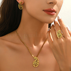 Stainless Steel Hollow Teardrop Pendant Necklace & Stud Earrings & Ring Sets for Women&nbsp;AU4910