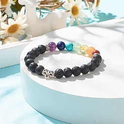 Natural Lava Rock & Mixed Gemstone Round Beaded Stretch Bracelet&nbsp;BJEW-JB08008