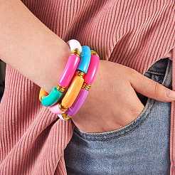 女性のためのキャンディーカラー分厚いカーブチューブアクリルビーズストレッチブレスレットセット  ミックスカラー  内径：2インチ（5cm）  5個/セット&nbsp;BJEW-SW00015