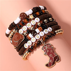 7Pcs Boot Western Cowboy Style Polymer Clay Heishi  & CCB Plastic & Natural Tiger Eye Beaded Bracelets&nbsp;FS-WG5CAF3-03