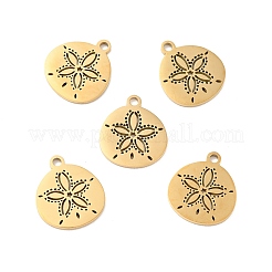 ステンレスペンダント201個  砂ドルチャーム  花付きフラットラウンド  ゴールドカラー  13.5x12x1mm  穴：1.4mm&nbsp;X-STAS-E015-04G