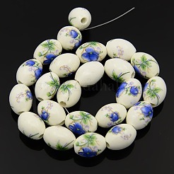 花柄プリントの磁器ビーズの連  花柄の楕円形セラミックビーズ  藤紫色  16x11mm  穴：3mm  約23個/連  14インチ&nbsp;PORC-L005-B-11