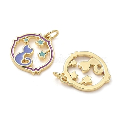 真鍮製エナメルペンダント  丸カン付き  猫と星のチャーム付きリング  18KGP本金メッキ  16x15x2mm  穴：3.5mm&nbsp;KK-P326-16G