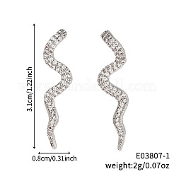 光沢のある真鍮の透明キュービックジルコニアのスネークスタッドピアス  銀  31x8mm&nbsp;AB3395-1