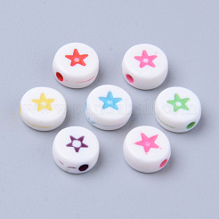 不透明な白いアクリルビーズ  混合色の星が付いているフラットラウンド  7x3.5mm  穴：1.5mm  約3500個/500g&nbsp;MACR-S273-43