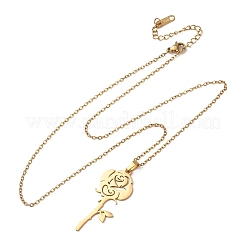 304ステンレススチール製バラの花のペンダント付きアズキチェーンネックレス（男女兼用）  イオンプレーティング（ip）  18KGP本金メッキ  17.91インチ（45.5cm）  ペンダント：41x19.5mm&nbsp;NJEW-K308-05C-G