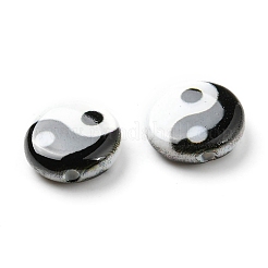 印刷された天然淡水シェルビーズ  陰陽フラットラウンドビーズ  ブラック  8x2.5~3mm  穴：0.8mm&nbsp;SHEL-R129-07A-01