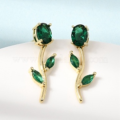 真鍮製マイクロパヴェキュービックジルコニアスタッドピアス  花バラ  鉛フリー＆カドミウムフリー  ラックめっき  長持ちメッキ  18KGP本金メッキ  シーグリーン  30x11mm&nbsp;KK-CBA8324-20G-02