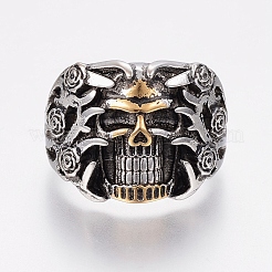 304ステンレススチール指輪  花と頭蓋骨  アンティークシルバー＆アンティーク金色  18~22mm&nbsp;RJEW-G091-10