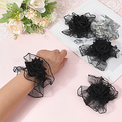 ポリエステル手首コサージュ  布の花で  結婚式のための  パーティーの装飾  ブラック  90x120x28.5mm&nbsp;AJEW-WH20020-259