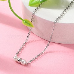 304ステンレススチールアズキチェーンネックレス  女性用丸型プラスチック模造真珠付き  ステンレス鋼色  15.83インチ（40.2cm）&nbsp;NJEW-A045-09P