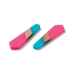 不透明な樹脂とクルミ材のペンダント  六角チャーム  濃いピンク  49x12x3mm  穴：2mm&nbsp;RESI-M027-10C