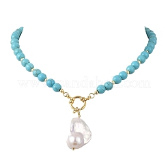 Natural Baroque Keshi Pearl Teardrop Pendant Round Dyed Synthetic Turquoise Beaded Necklaces for Women&nbsp;NJEW-JN06313