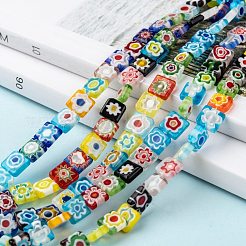 正方形のハンドメイドミッレフィオーリガラスビーズ  ミックスカラー  8x8x3mm  穴：0.5mm  約48個/連  14.9インチ&nbsp;X-LK-R004-52