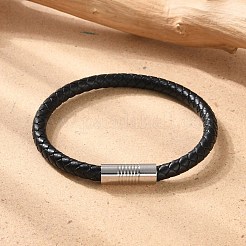 混合編みこみレザーコードブレスレット  304ステンレススチール製マグネット留め具付き  ブラック  200x6mm&nbsp;BJEW-I199-M